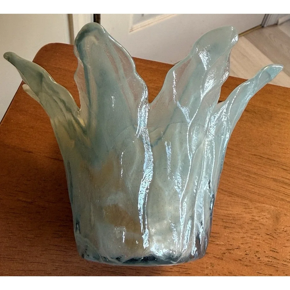 VTG Murano Italian Art Glass Tammaro 8 Pedal‎ Blue Swirl Scented Candle Holder